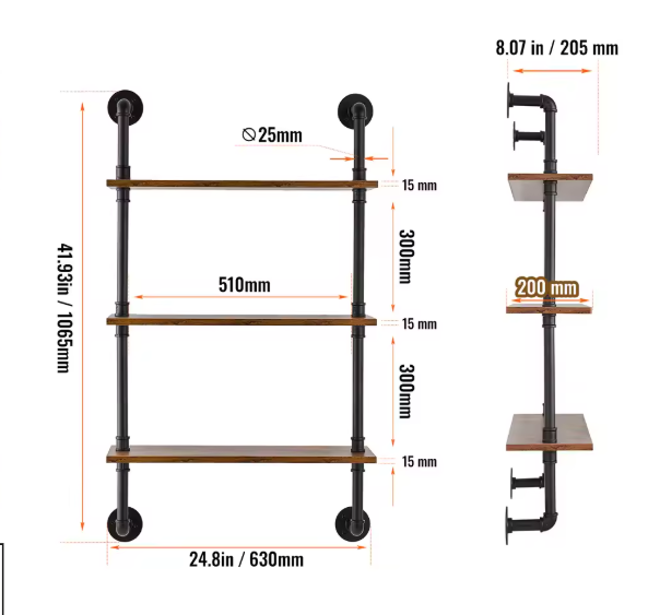 Industriële Wandplank met 3 Lagen – Houten Opbergrek van Metaal 61x20x72,5 cm