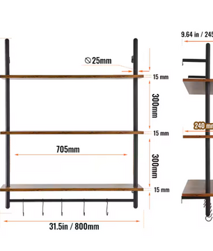 Industriële Wandplank met 3 Lagen – Houten Opbergrek van Metaal 61x20x72,5 cm