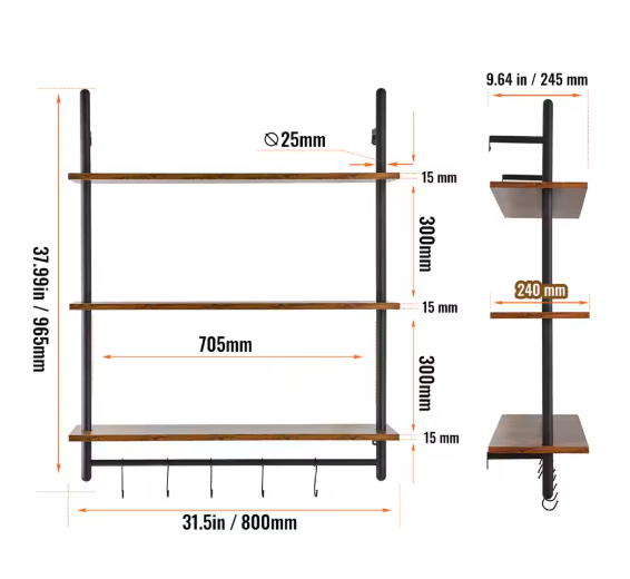 Industriële Wandplank met 3 Lagen – Houten Opbergrek van Metaal 61x20x72,5 cm