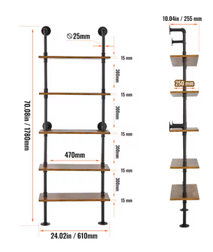 Industriële Wandplank met 3 Lagen – Houten Opbergrek van Metaal 61x20x72,5 cm