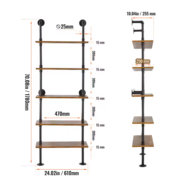 Industriële Wandplank met 3 Lagen – Houten Opbergrek van Metaal 61x20x72,5 cm