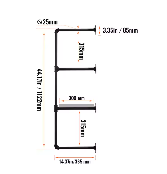 Industriële Wandplank met 3 Lagen – Houten Opbergrek van Metaal 61x20x72,5 cm