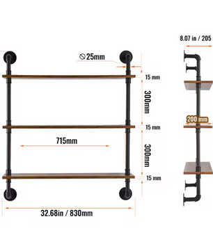 Industriële Wandplank met 3 Lagen – Houten Opbergrek van Metaal 61x20x72,5 cm