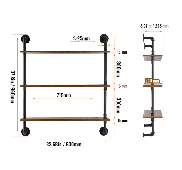 Industriële Wandplank met 3 Lagen – Houten Opbergrek van Metaal 61x20x72,5 cm