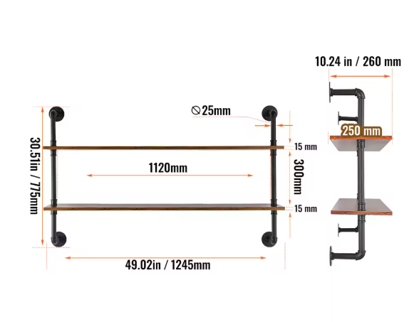 Industriële Wandplank met 3 Lagen – Houten Opbergrek van Metaal 61x20x72,5 cm