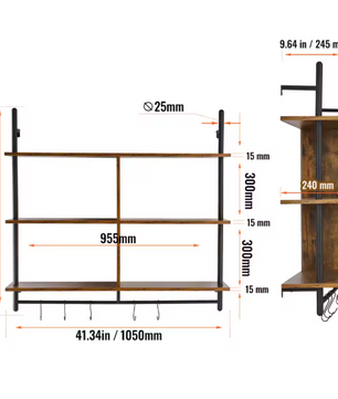 Industriële Wandplank met 3 Lagen – Houten Opbergrek van Metaal 61x20x72,5 cm