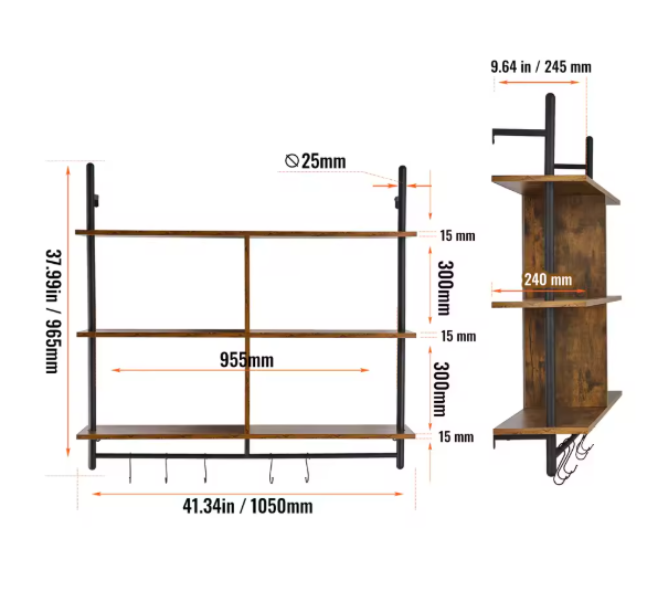 Industriële Wandplank met 3 Lagen – Houten Opbergrek van Metaal 61x20x72,5 cm