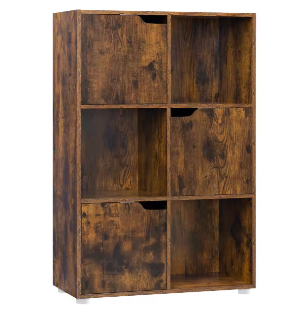 Boekenkast met 6 Vakken en Deuren – Houten Opbergkast 59,7x29,7x91 cm