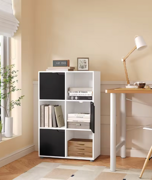 Boekenkast met 6 Vakken en Deuren – Houten Opbergkast 59,7x29,7x91 cm