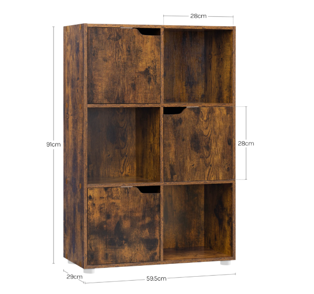 Boekenkast met 6 Vakken en Deuren – Houten Opbergkast 59,7x29,7x91 cm
