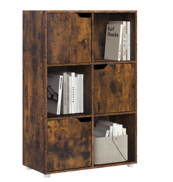 Boekenkast met 6 Vakken en Deuren – Houten Opbergkast 59,7x29,7x91 cm