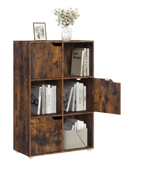 Boekenkast met 6 Vakken en Deuren – Houten Opbergkast 59,7x29,7x91 cm