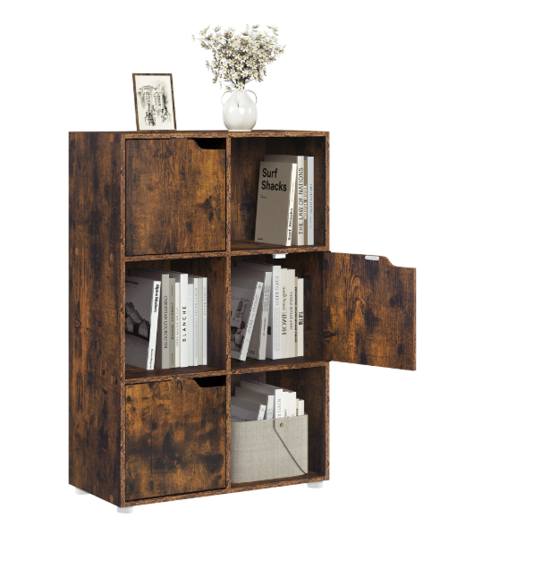 Boekenkast met 6 Vakken en Deuren – Houten Opbergkast 59,7x29,7x91 cm