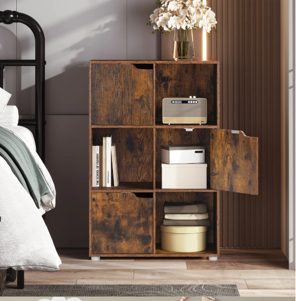 Boekenkast met 6 Vakken en Deuren – Houten Opbergkast 59,7x29,7x91 cm