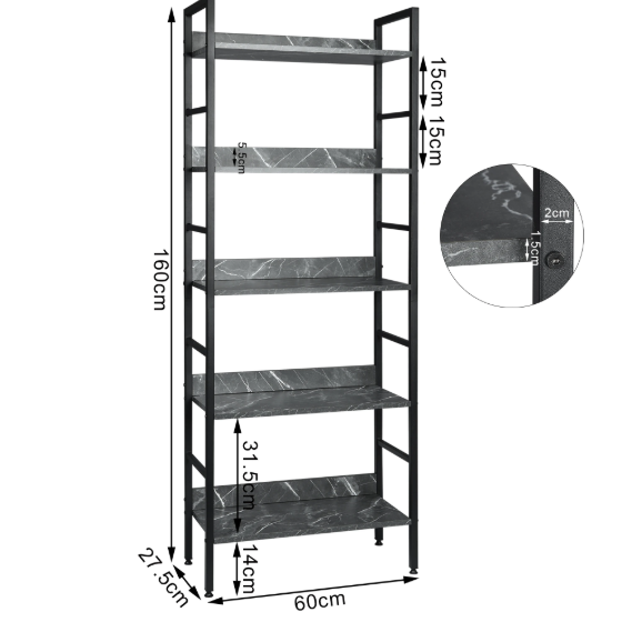 Industriële Boekenkast met 4 Niveaus – Houten en Metalen Open Rek 60x27,5x160 cm