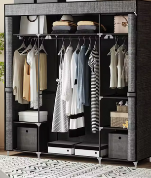 Stoffen Kledingkast met 3 Kledingroedes en 9 Vakken – Vrijstaande Opbergkast 162x43x175 cm