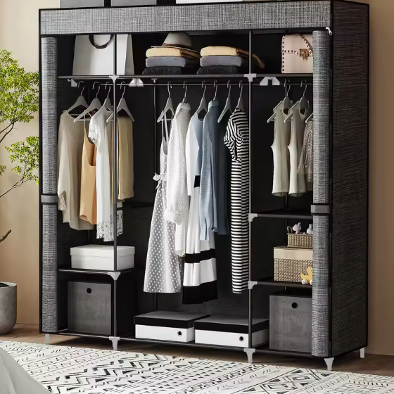 Stoffen Kledingkast met 3 Kledingroedes en 9 Vakken – Vrijstaande Opbergkast 162x43x175 cm