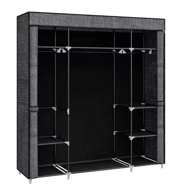 Stoffen Kledingkast met 3 Kledingroedes en 9 Vakken – Vrijstaande Opbergkast 162x43x175 cm