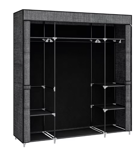 Stoffen Kledingkast met 3 Kledingroedes en 9 Vakken – Vrijstaande Opbergkast 162x43x175 cm