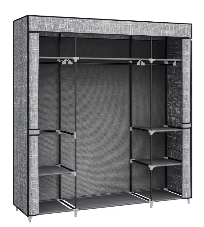 Stoffen Kledingkast met 3 Kledingroedes en 9 Vakken – Vrijstaande Opbergkast 162x43x175 cm