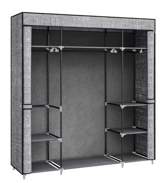 Stoffen Kledingkast met 3 Kledingroedes en 9 Vakken – Vrijstaande Opbergkast 162x43x175 cm