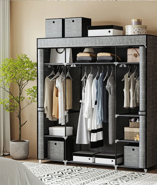 Stoffen Kledingkast met 3 Kledingroedes en 9 Vakken – Vrijstaande Opbergkast 162x43x175 cm