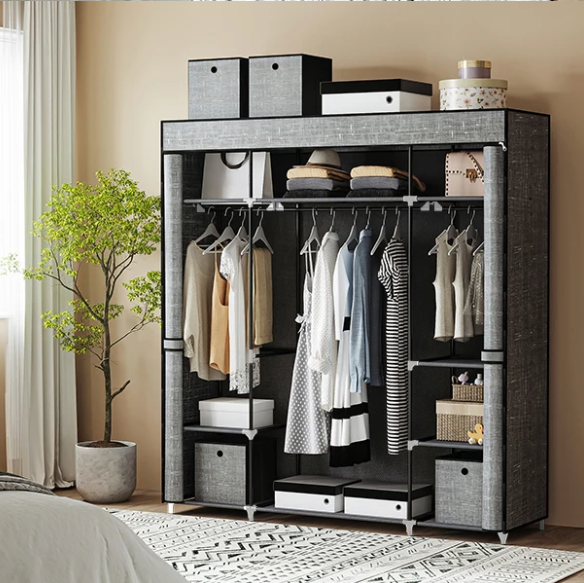 Stoffen Kledingkast met 3 Kledingroedes en 9 Vakken – Vrijstaande Opbergkast 162x43x175 cm