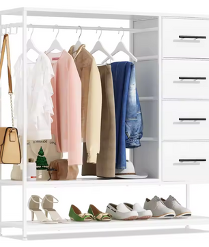 Open Kledingrek met 4 Stoffen Laden – Metalen Frame en Zijhaken, Industrieel en Functioneel Ontwerp