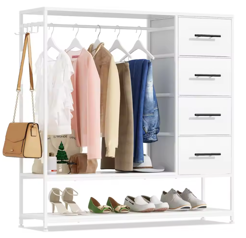 Open Kledingrek met 4 Stoffen Laden – Metalen Frame en Zijhaken, Industrieel en Functioneel Ontwerp