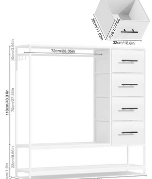 Open Kledingrek met 4 Stoffen Laden – Metalen Frame en Zijhaken, Industrieel en Functioneel Ontwerp