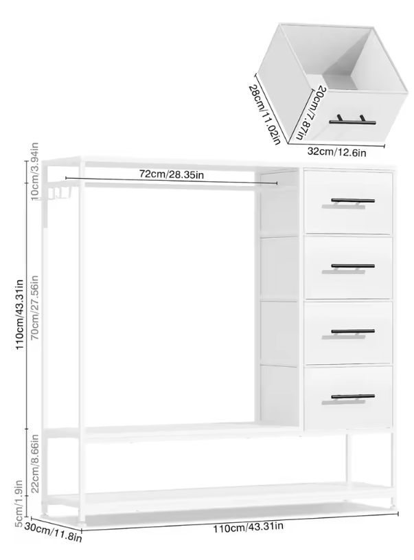 Open Kledingrek met 4 Stoffen Laden – Metalen Frame en Zijhaken, Industrieel en Functioneel Ontwerp