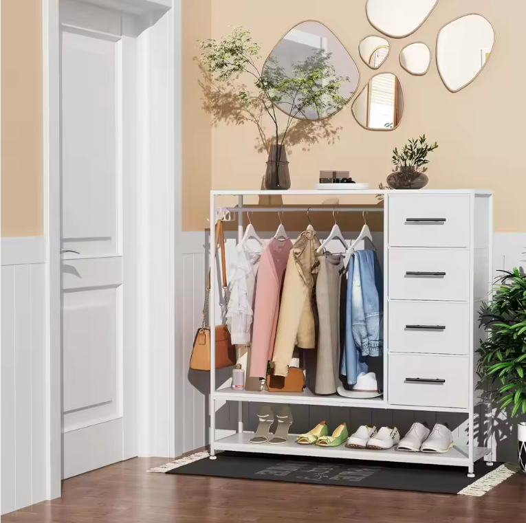 Open Kledingrek met 4 Stoffen Laden – Metalen Frame en Zijhaken, Industrieel en Functioneel Ontwerp