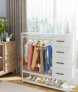 Open Kledingrek met 4 Stoffen Laden – Metalen Frame en Zijhaken, Industrieel en Functioneel Ontwerp