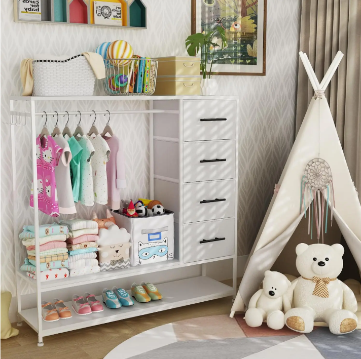 Open Kledingrek met 4 Stoffen Laden – Metalen Frame en Zijhaken, Industrieel en Functioneel Ontwerp