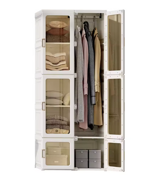 Opvouwbare Garderobekast met 6 Vakken en Kledingroede – Kunststof Kast met Magnetische Deuren, 170 cm Hoog