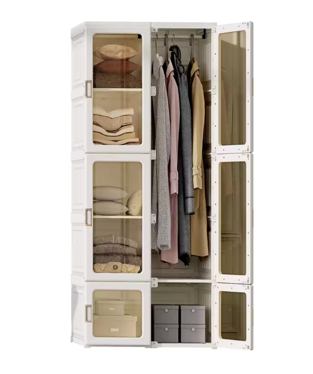 Opvouwbare Garderobekast met 6 Vakken en Kledingroede – Kunststof Kast met Magnetische Deuren, 170 cm Hoog