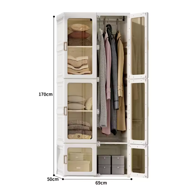 Opvouwbare Garderobekast met 6 Vakken en Kledingroede – Kunststof Kast met Magnetische Deuren, 170 cm Hoog