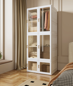 Opvouwbare Garderobekast met 6 Vakken en Kledingroede – Kunststof Kast met Magnetische Deuren, 170 cm Hoog