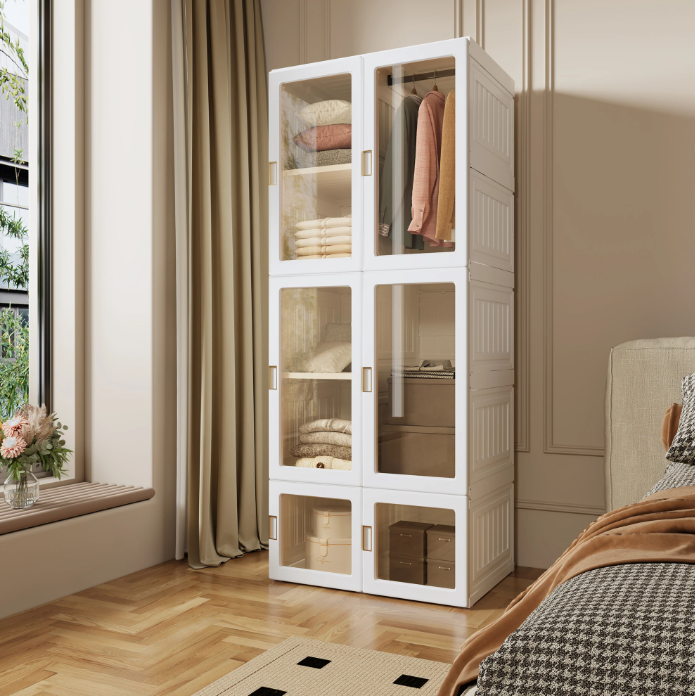 Opvouwbare Garderobekast met 6 Vakken en Kledingroede – Kunststof Kast met Magnetische Deuren, 170 cm Hoog