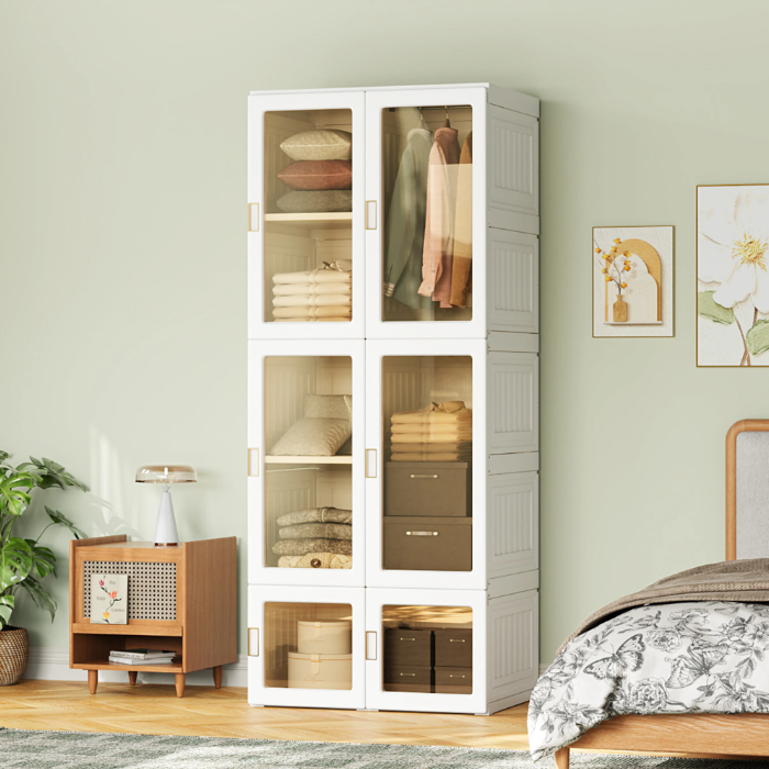Opvouwbare Garderobekast met 6 Vakken en Kledingroede – Kunststof Kast met Magnetische Deuren, 170 cm Hoog