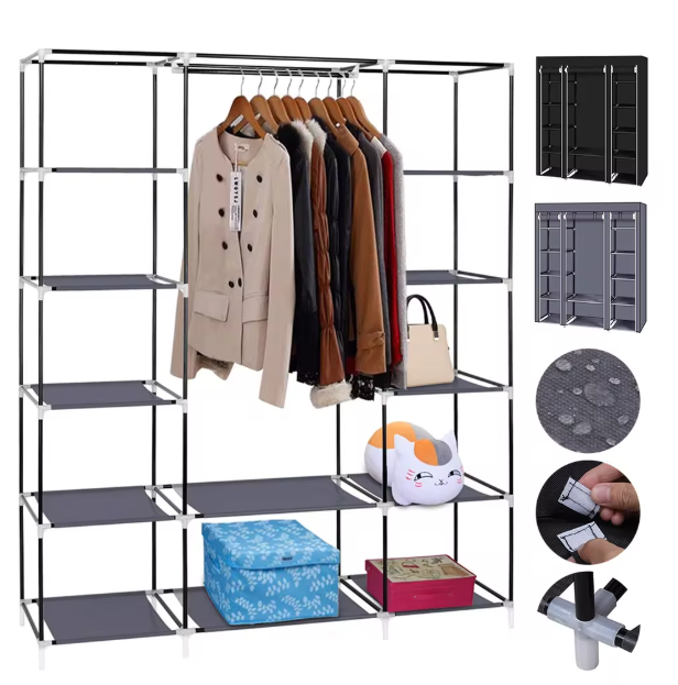 Opvouwbare Stoffen Kledingkast met Ritsdeur – Metalen Frame en Stofhoes, 175 cm Hoog