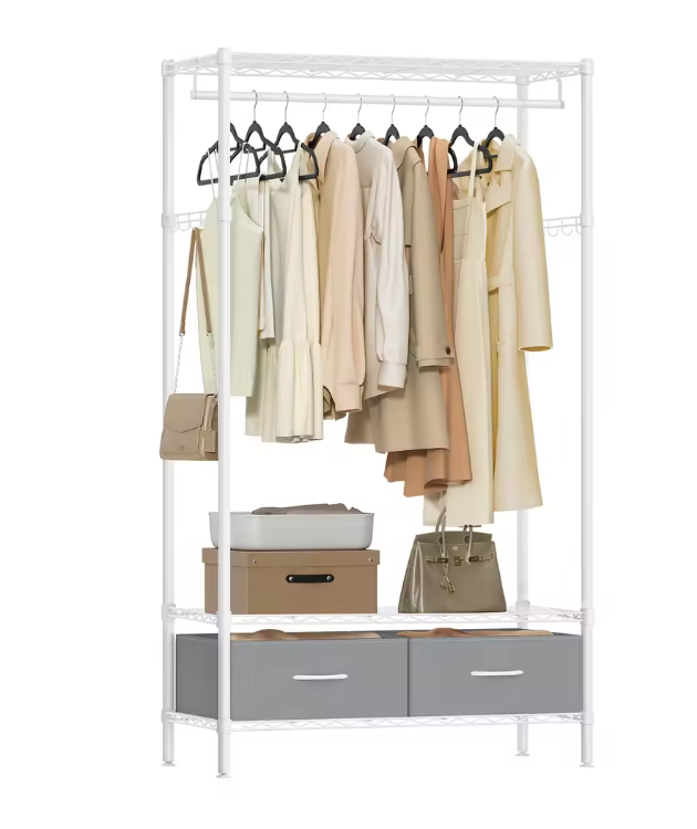 Open Kledingrek met Lades en Legplanken – Metalen Garderoberek met Haken en Verstelbare Roede, 180 cm Hoog
