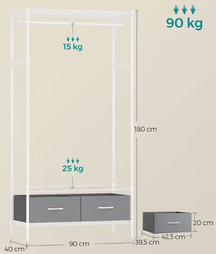 Open Kledingrek met Lades en Legplanken – Metalen Garderoberek met Haken en Verstelbare Roede, 180 cm Hoog