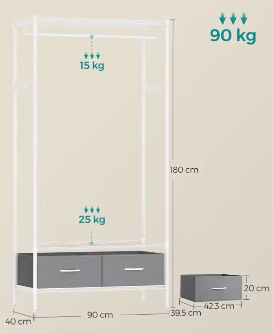 Open Kledingrek met Lades en Legplanken – Metalen Garderoberek met Haken en Verstelbare Roede, 180 cm Hoog