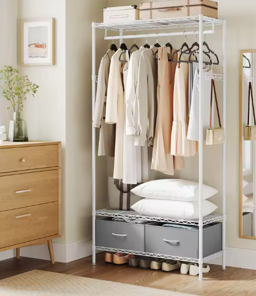 Open Kledingrek met Lades en Legplanken – Metalen Garderoberek met Haken en Verstelbare Roede, 180 cm Hoog