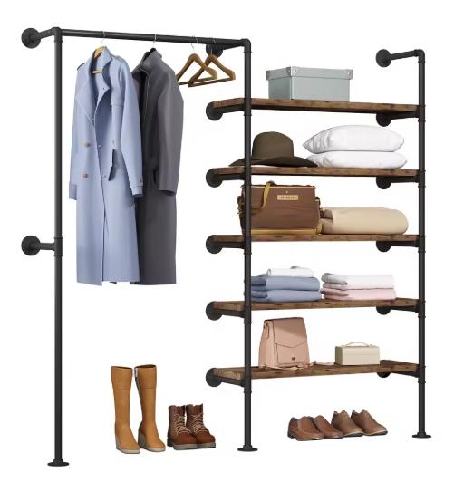 Industrieel Kledingrek met Legplanken – Wandmontage Kledingkast met Stalen Frame en Houten Panelen, 187 cm Hoog