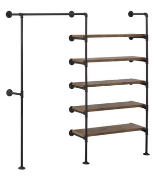 Industrieel Kledingrek met Legplanken – Wandmontage Kledingkast met Stalen Frame en Houten Panelen, 187 cm Hoog