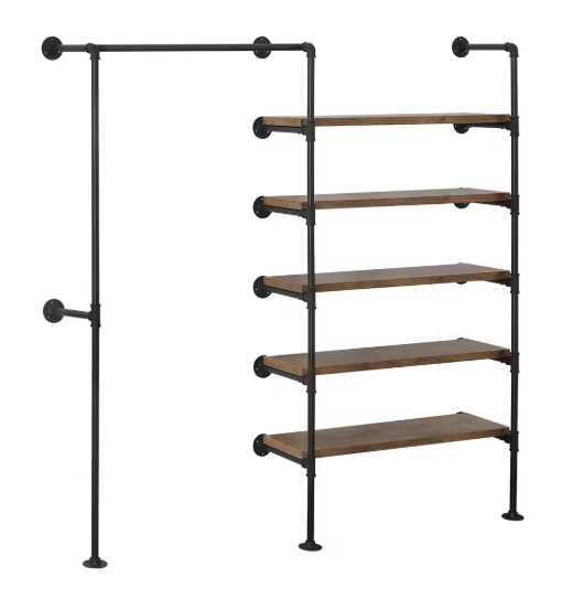 Industrieel Kledingrek met Legplanken – Wandmontage Kledingkast met Stalen Frame en Houten Panelen, 187 cm Hoog
