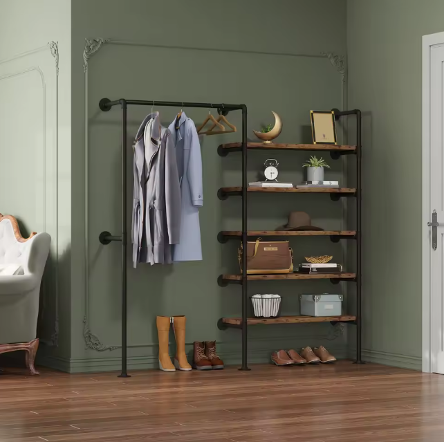 Industrieel Kledingrek met Legplanken – Wandmontage Kledingkast met Stalen Frame en Houten Panelen, 187 cm Hoog