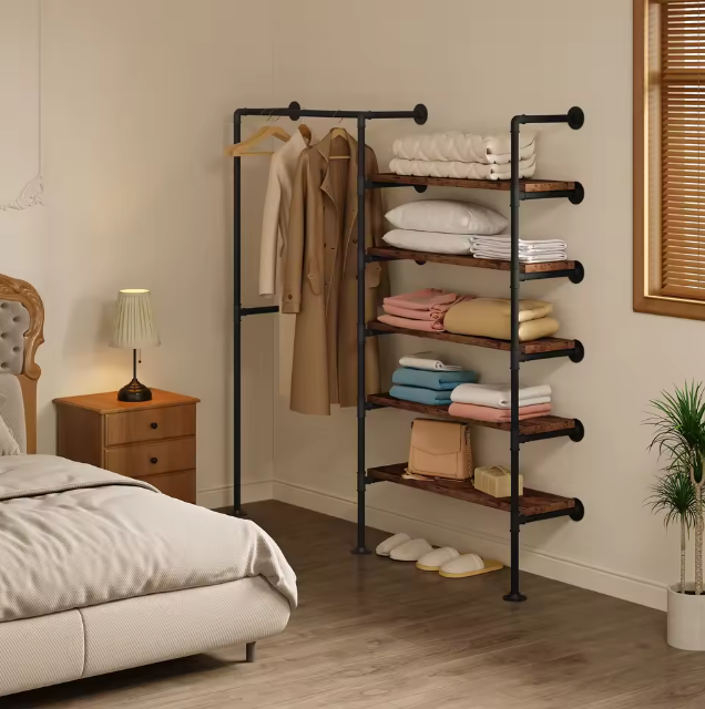 Industrieel Kledingrek met Legplanken – Wandmontage Kledingkast met Stalen Frame en Houten Panelen, 187 cm Hoog